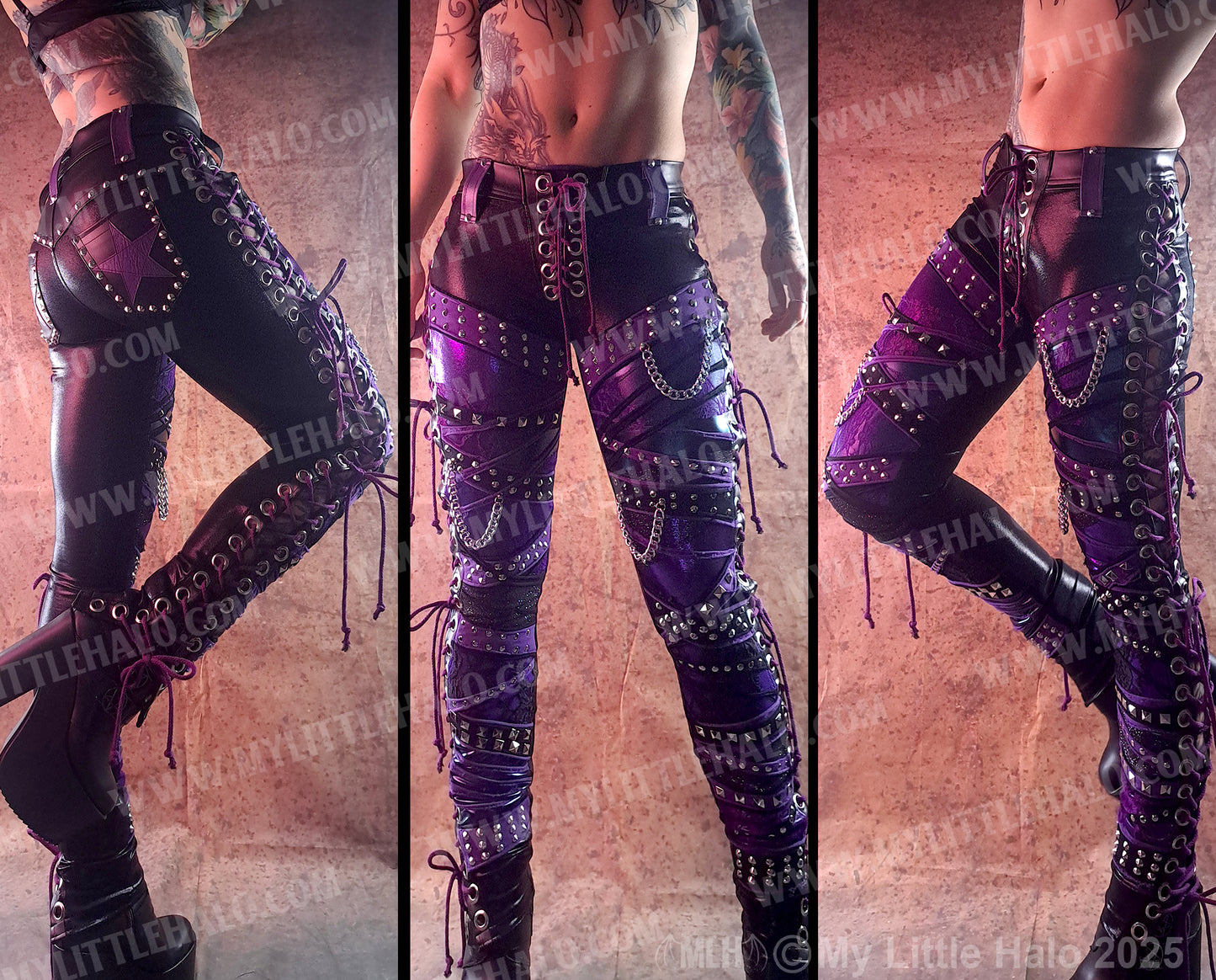 #1 Purple & Teal Lace up Collaged Skinnies (24-12-1-01)