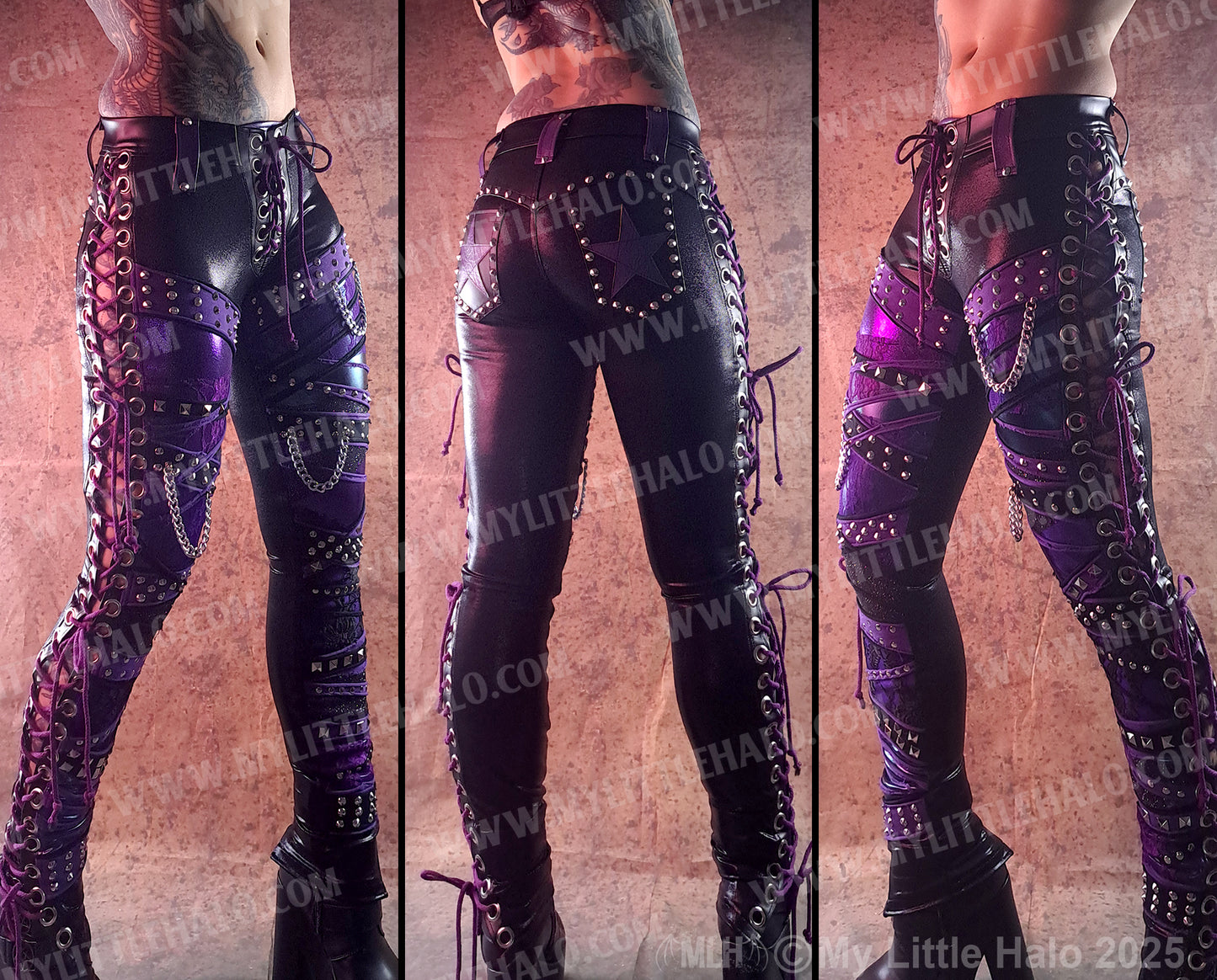 #1 PURPLE & TEAL LACE UP COLLAGED SKINNIES