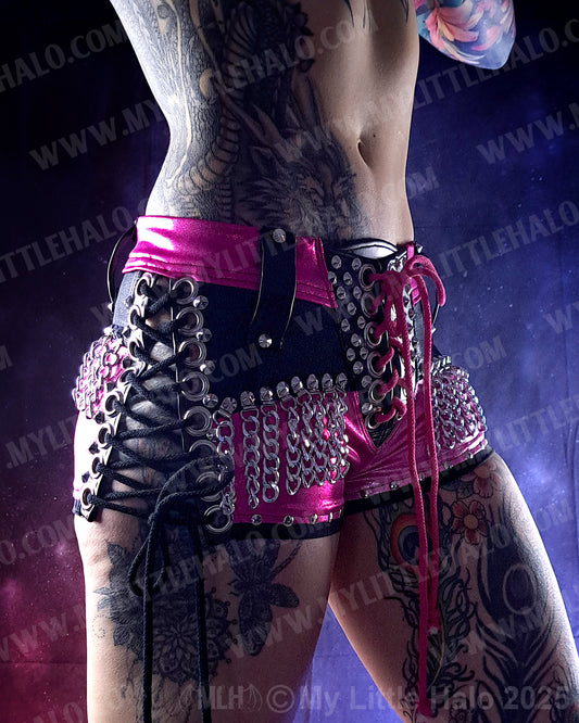 #1 Pink & Black Low Rise Chain Fringe Lace up Shorts
