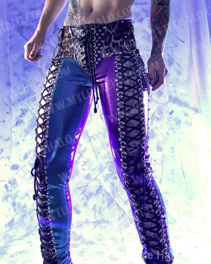 #1 Purple & Turquoise Leopard Print Front Lace up Pants