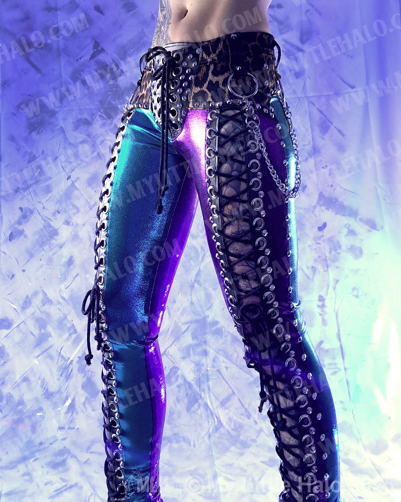 #1 Purple & Turquoise Leopard Print Front Lace up Pants