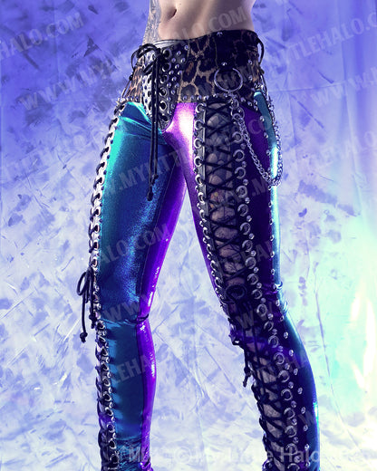 #1 Purple & Turquoise Leopard Print Front Lace up Pants
