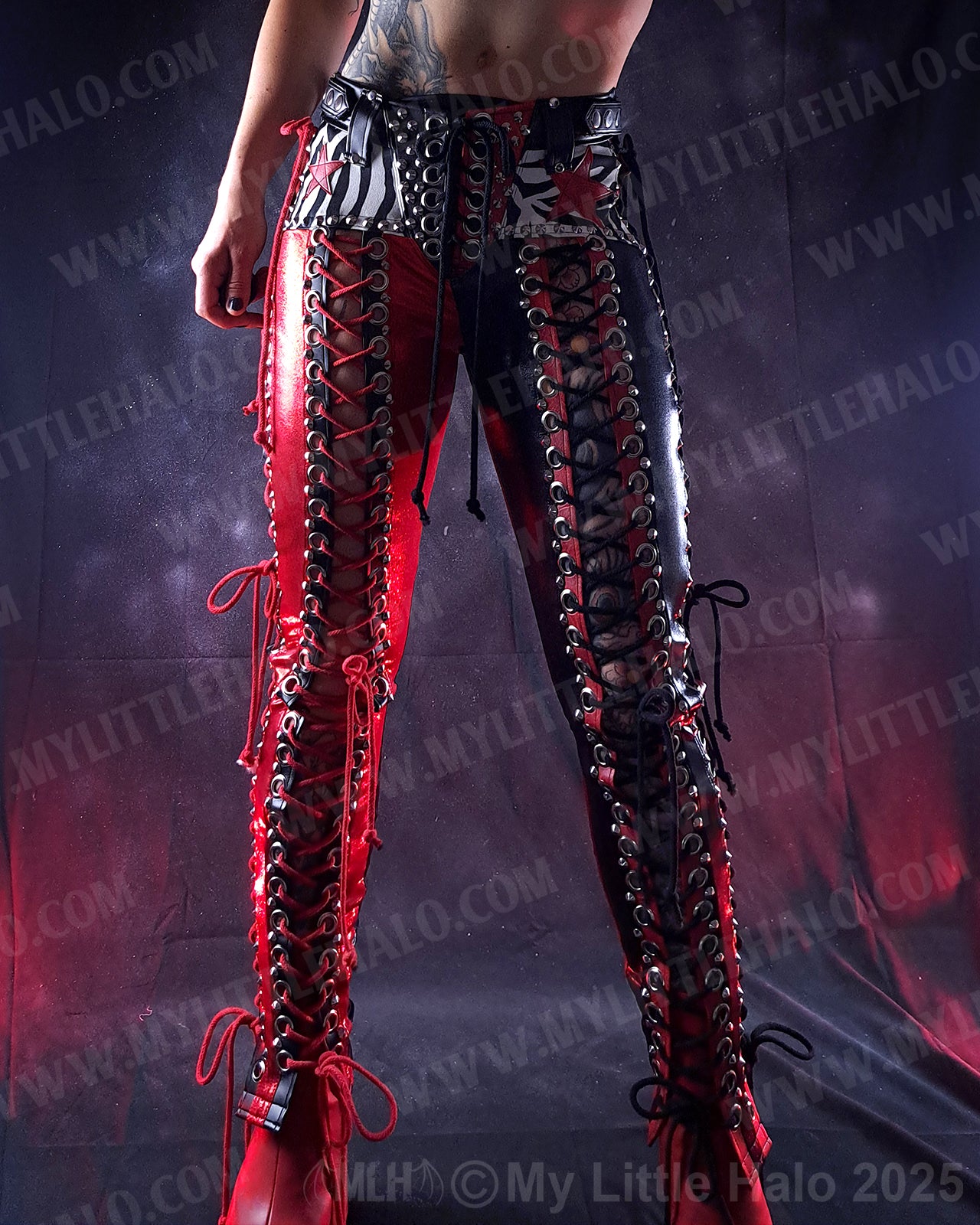 #1 Red, Black & Zebra Print Double Lace up Pants