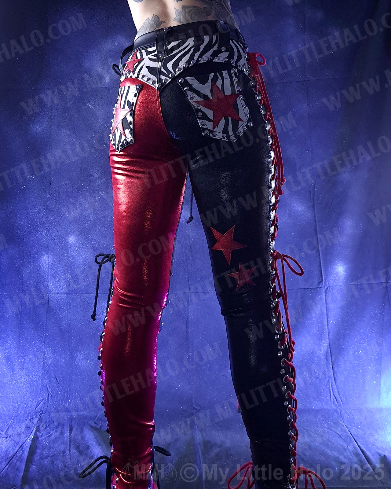 #1 Red, Black & Zebra Print Double Lace up Pants