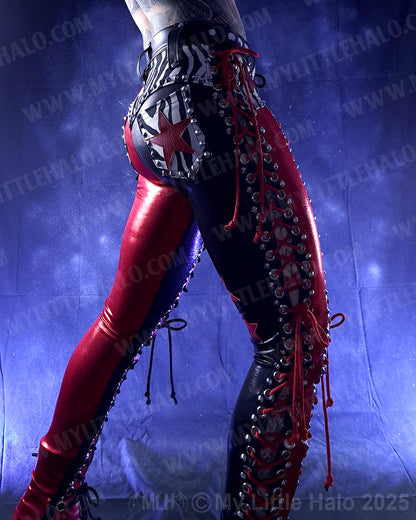 #1 Red, Black & Zebra Print Double Lace up Pants