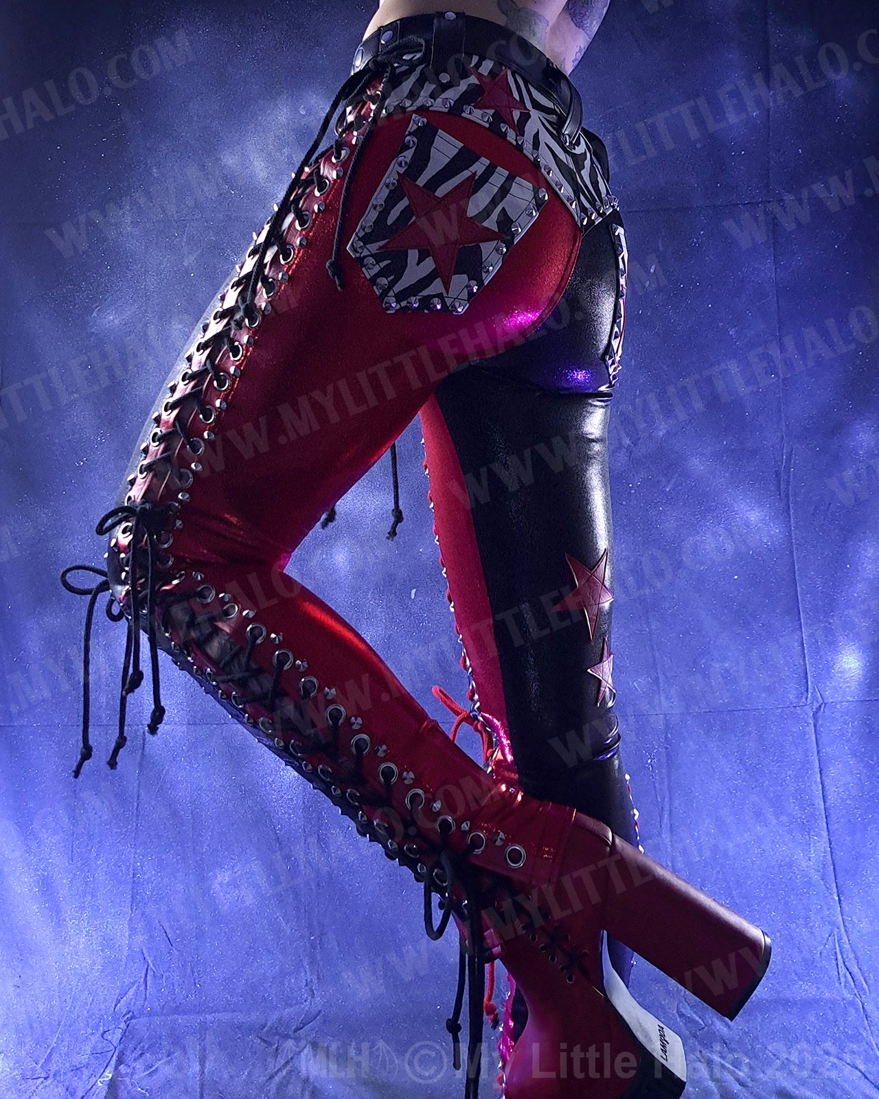 #1 Red, Black & Zebra Print Double Lace up Pants