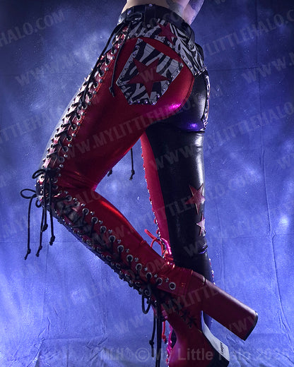 #1 Red, Black & Zebra Print Double Lace up Pants