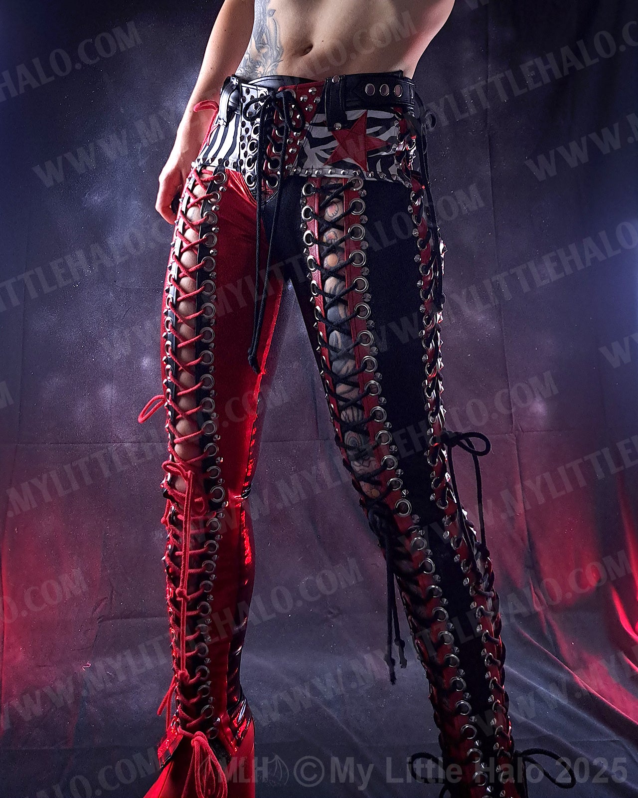#1 Red, Black & Zebra Print Double Lace up Pants