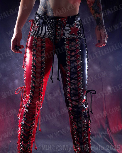 #1 Red, Black & Zebra Print Double Lace up Pants