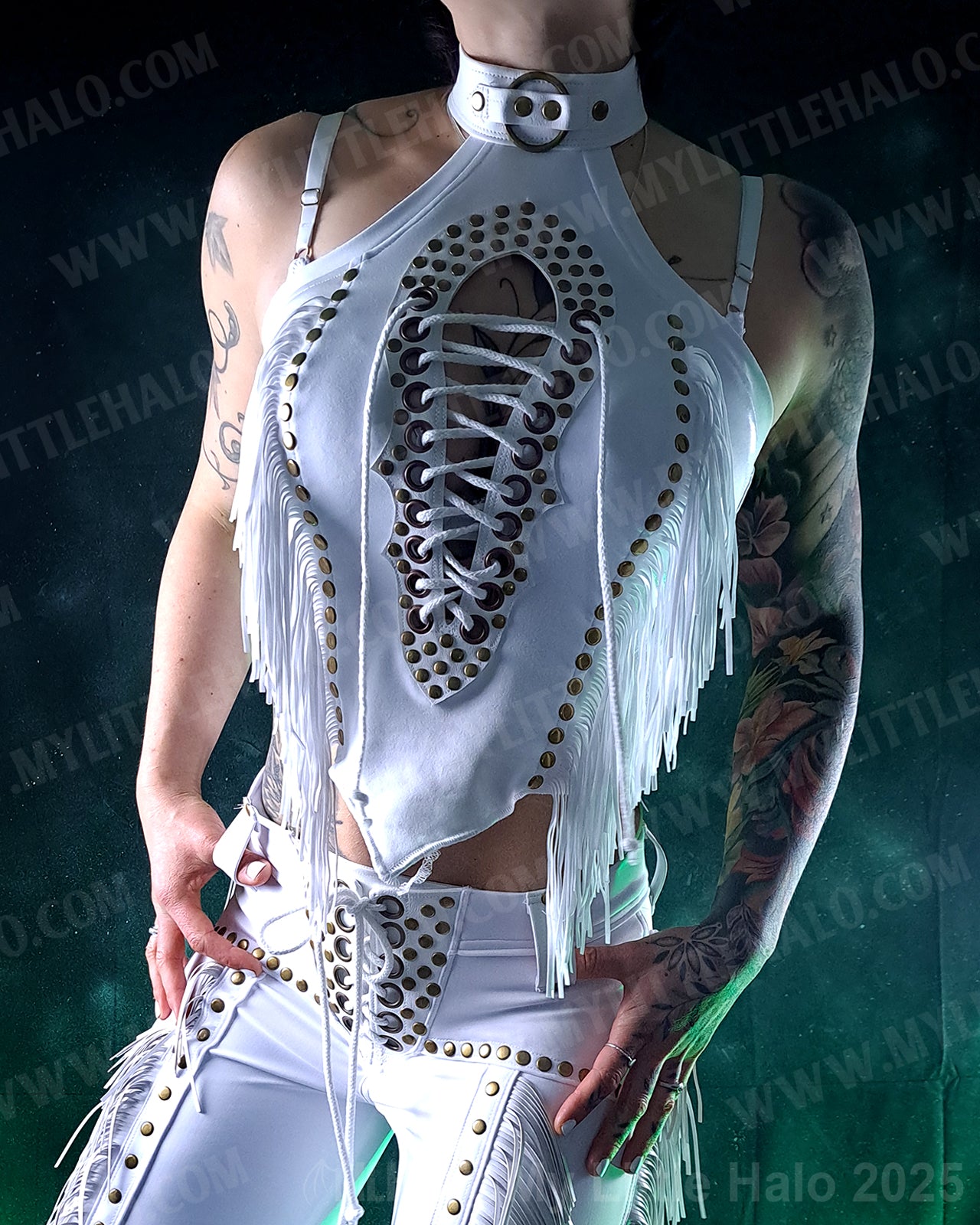 #1 White Fringed Peephole Crop Top w Lace up Back