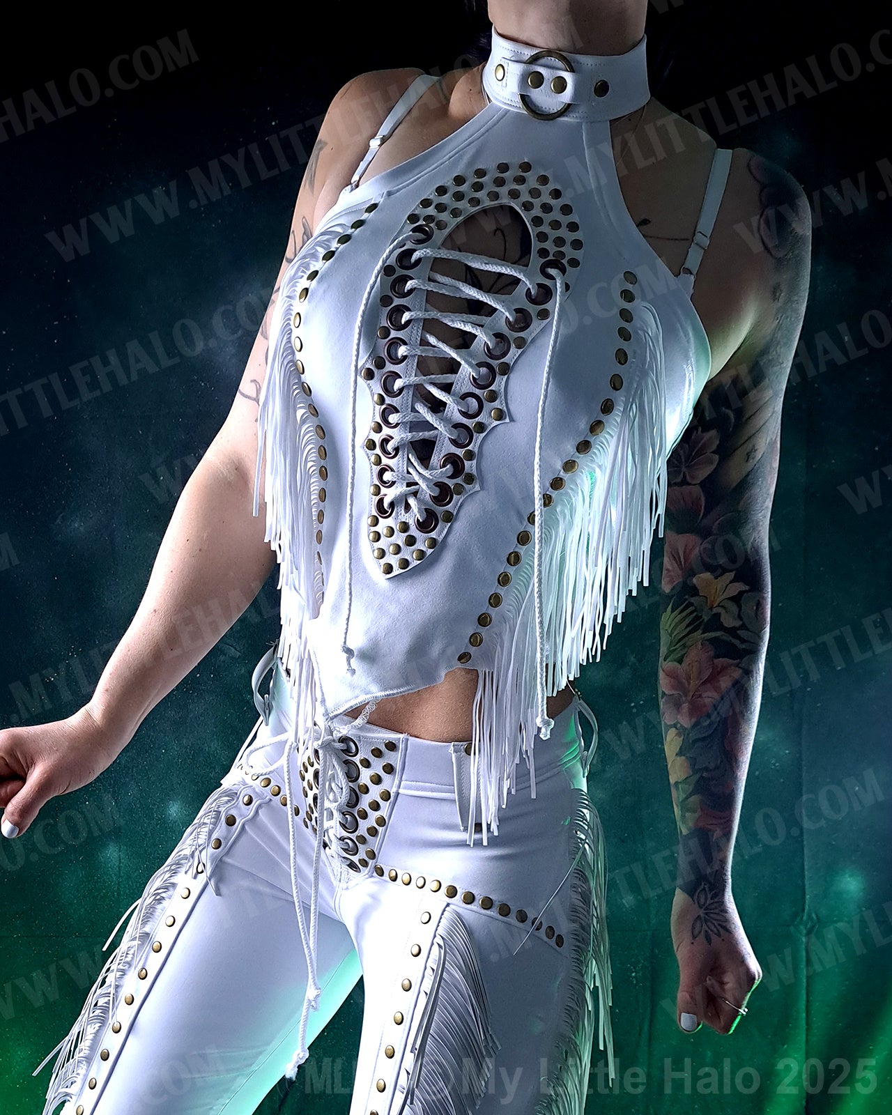 #1 White Fringed Peephole Crop Top w Lace up Back