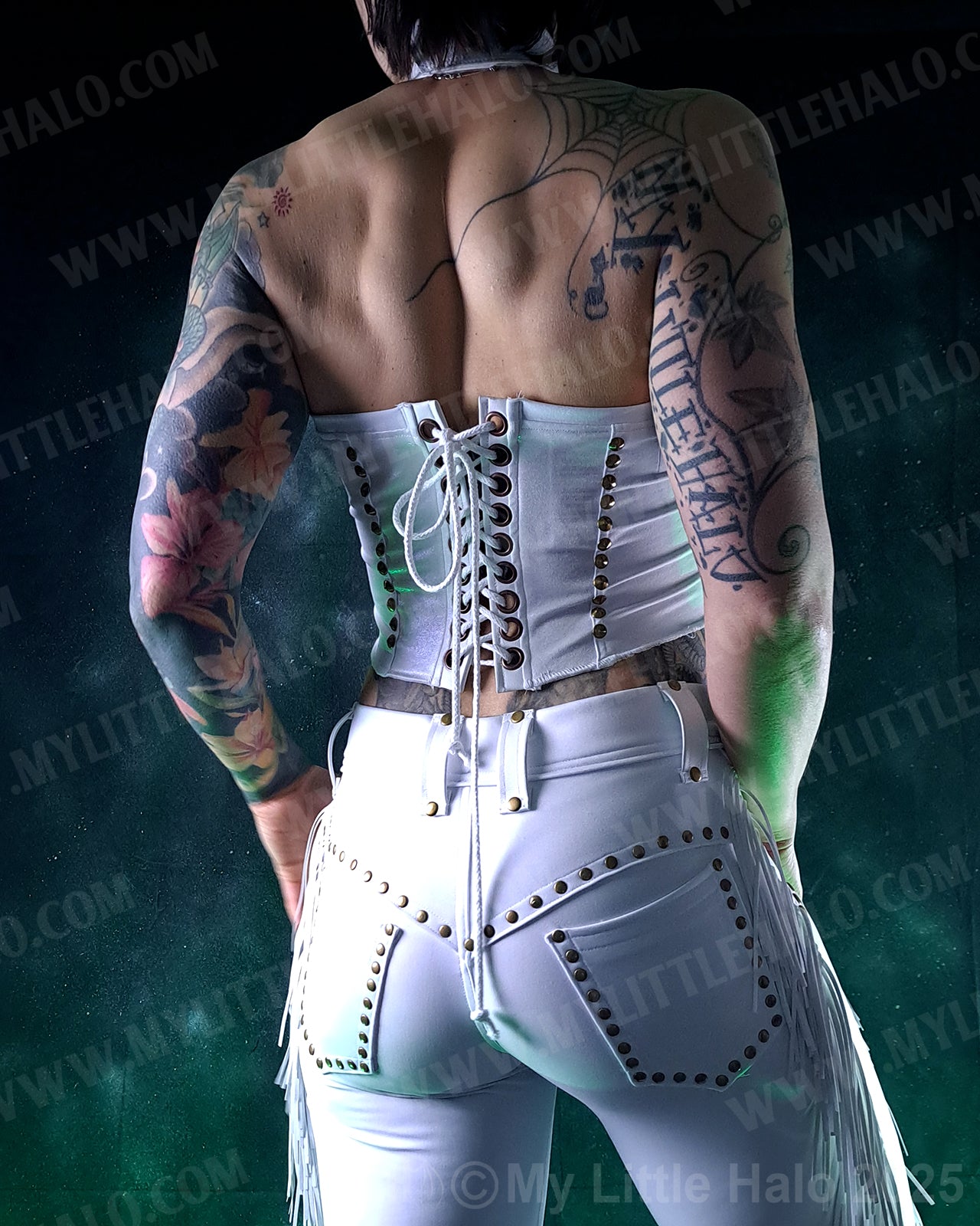 #1 White Fringed Peephole Crop Top w Lace up Back