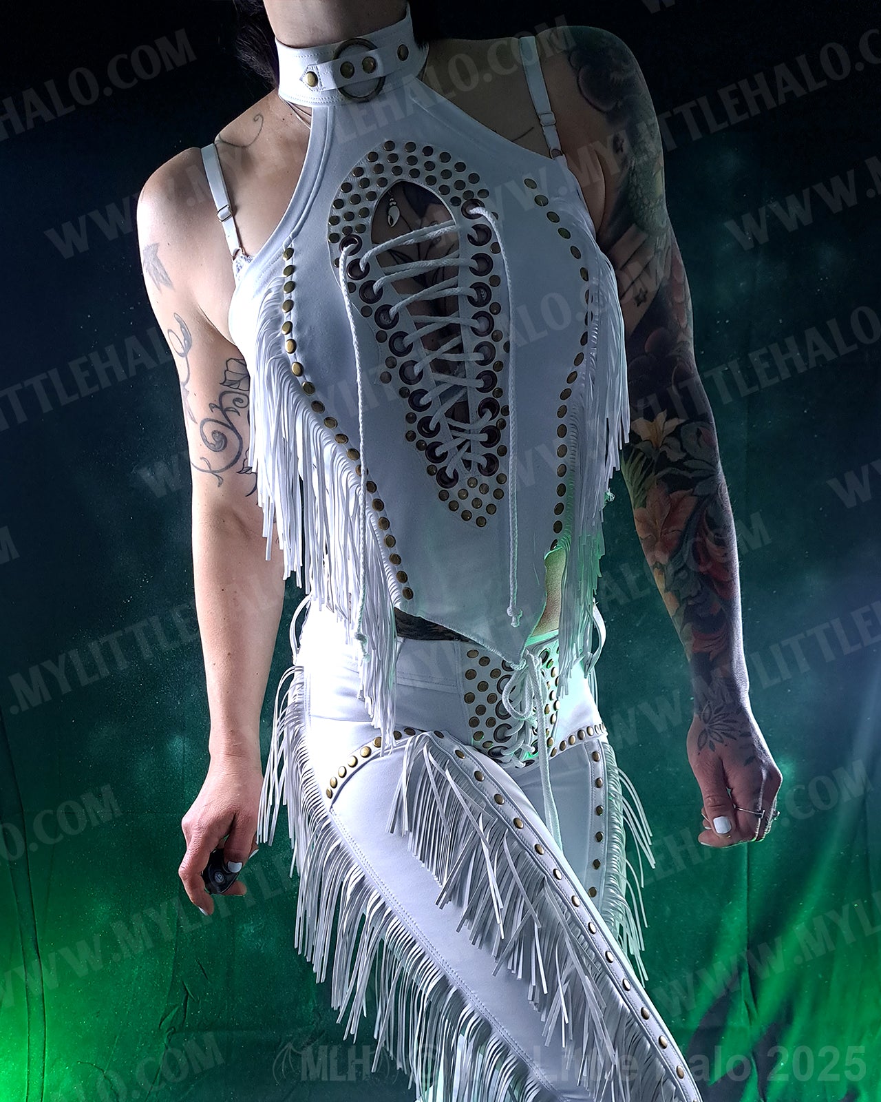 #1 White Fringed Peephole Crop Top w Lace up Back