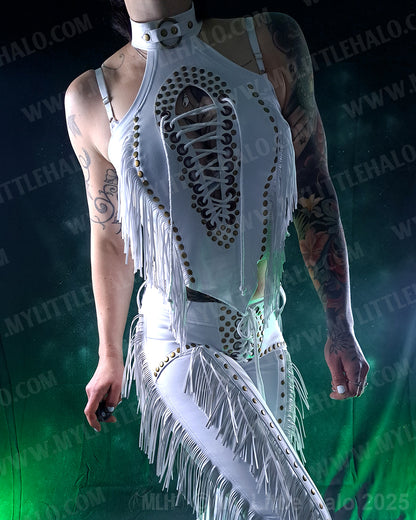 #1 White Fringed Peephole Crop Top w Lace up Back