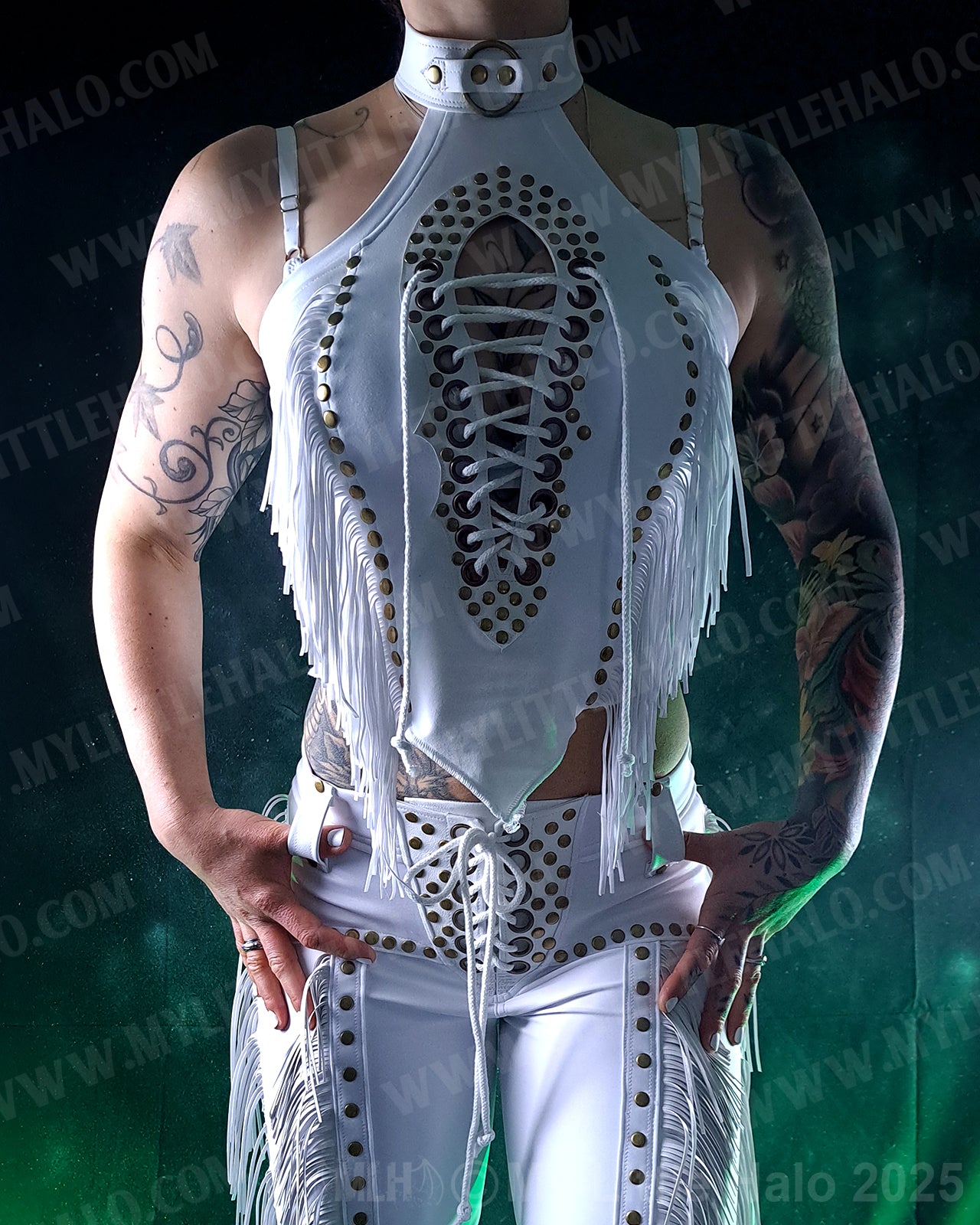 #1 White Fringed Peephole Crop Top w Lace up Back