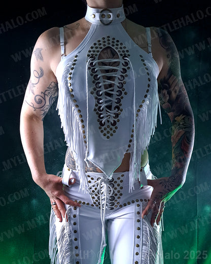#1 White Fringed Peephole Crop Top w Lace up Back