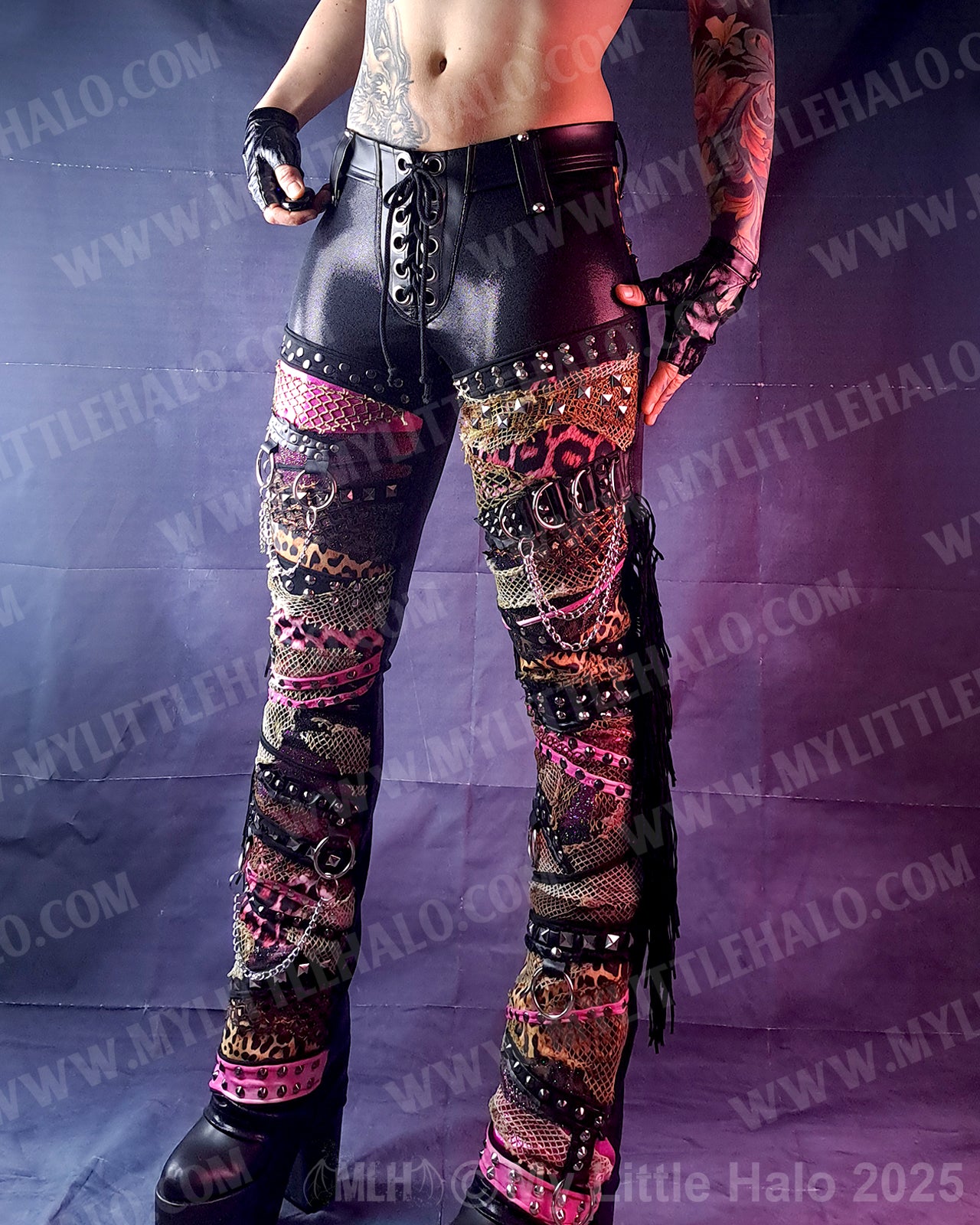 #1 Pink Leopard Collage Fringe Pants