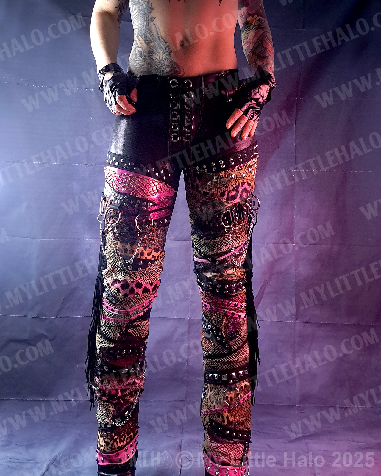 #1 Pink Leopard Collage Fringe Pants