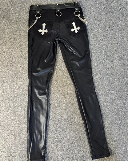 Black Wet Look Crucifix Pants Size M