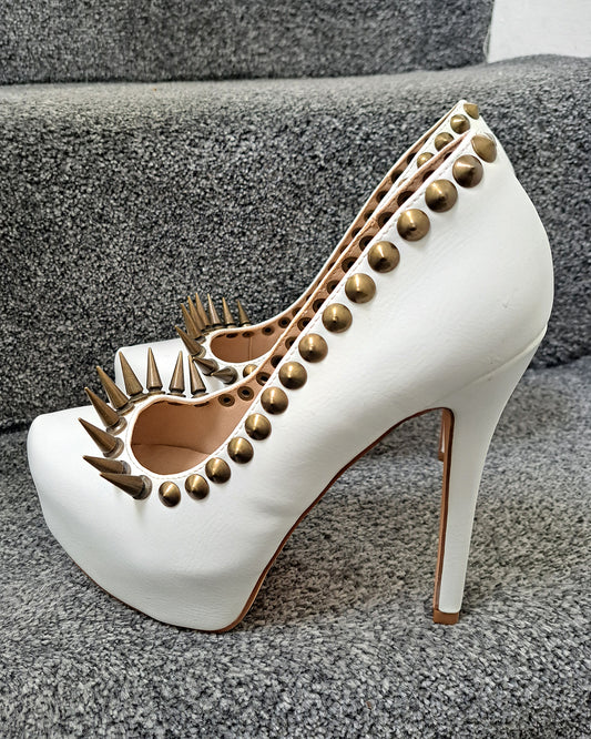 Antique Brass Spiked White Stiletto Heels