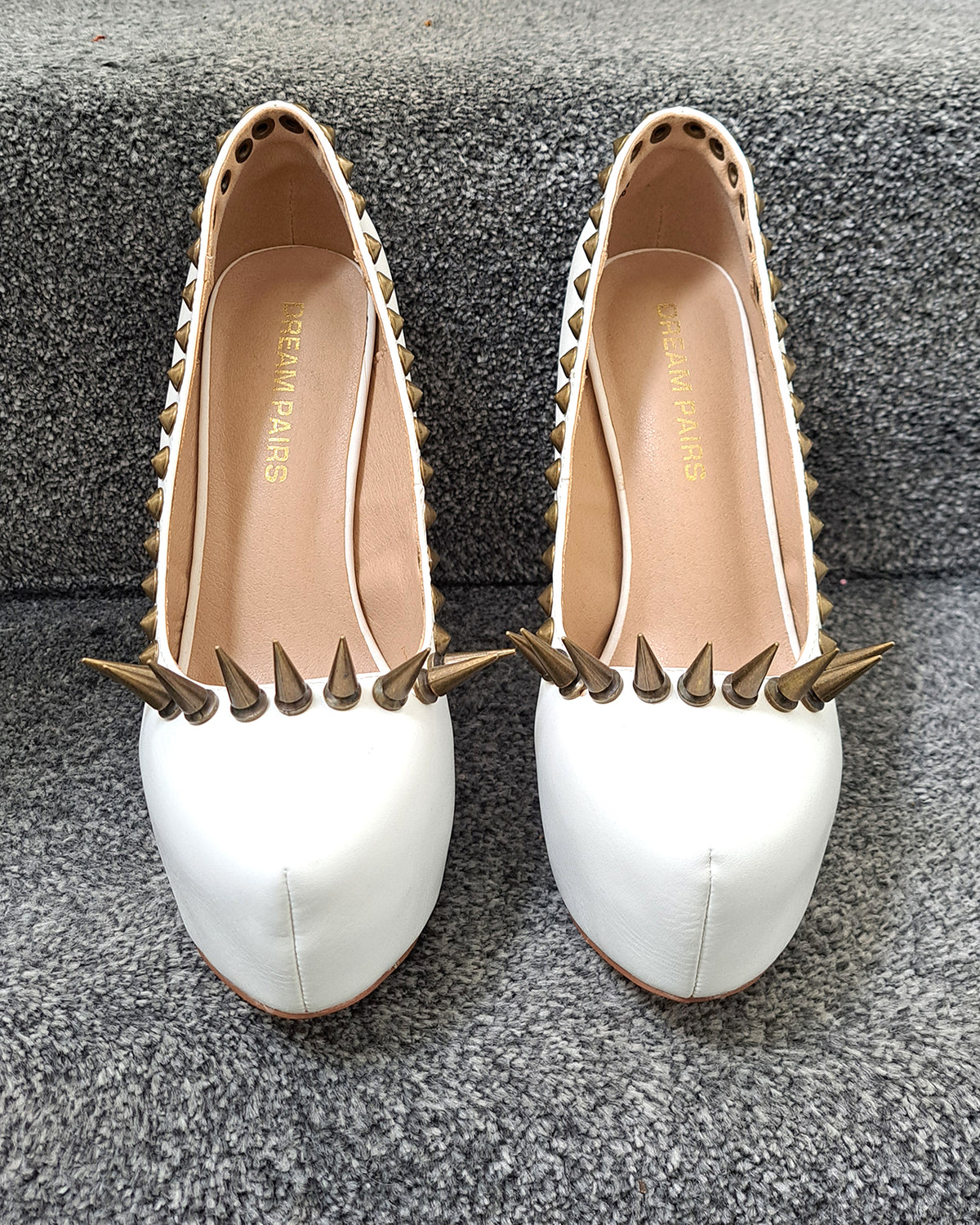 Antique Brass Spiked White Stiletto Heels