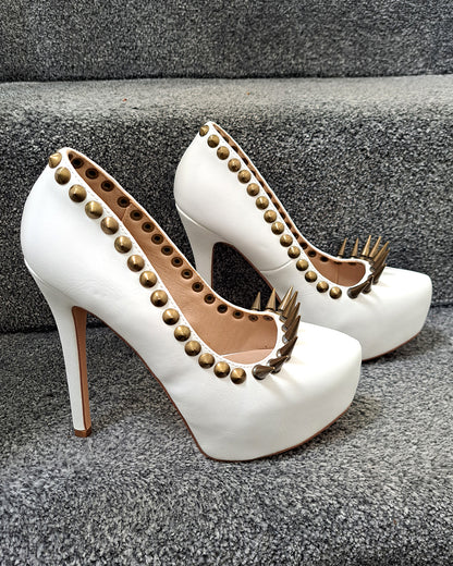 Antique Brass Spiked White Stiletto Heels