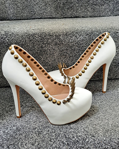 Antique Brass Spiked White Stiletto Heels