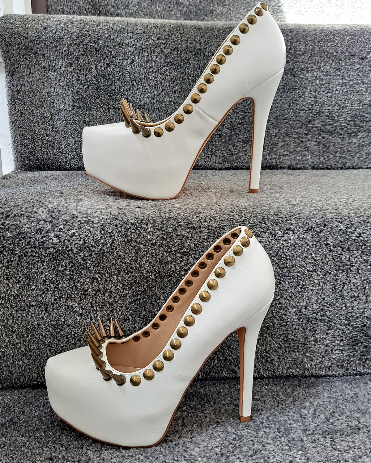 Antique Brass Spiked White Stiletto Heels
