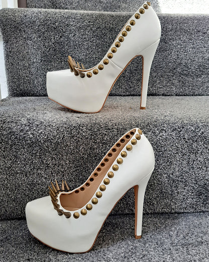 Antique Brass Spiked White Stiletto Heels