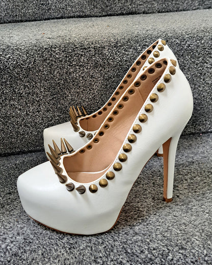 Antique Brass Spiked White Stiletto Heels