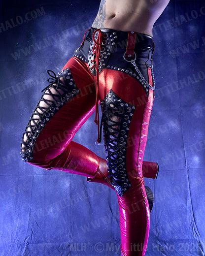 #20 Red & Black Low Waisted Thigh Lace up Pants