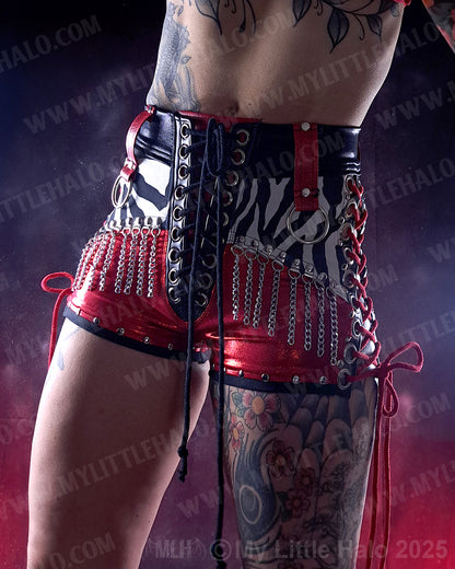 #22 Red, Black & Zebra Lace up Chain Fringe Shorts