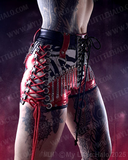 #22 Red, Black & Zebra Lace up Chain Fringe Shorts