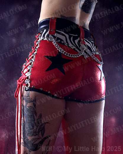 #22 Red, Black & Zebra Lace up Chain Fringe Shorts