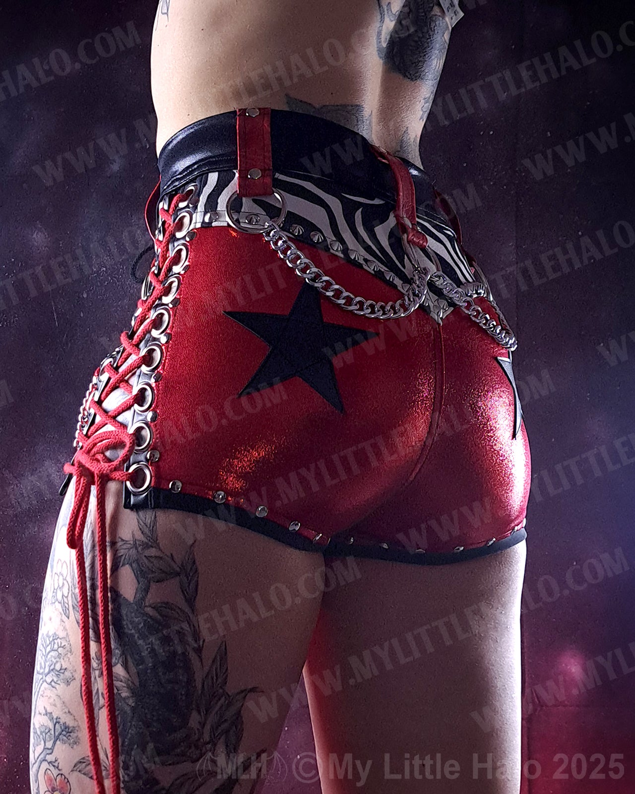 #22 Red, Black & Zebra Lace up Chain Fringe Shorts