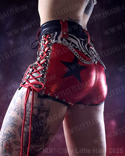 #22 Red, Black & Zebra Lace up Chain Fringe Shorts