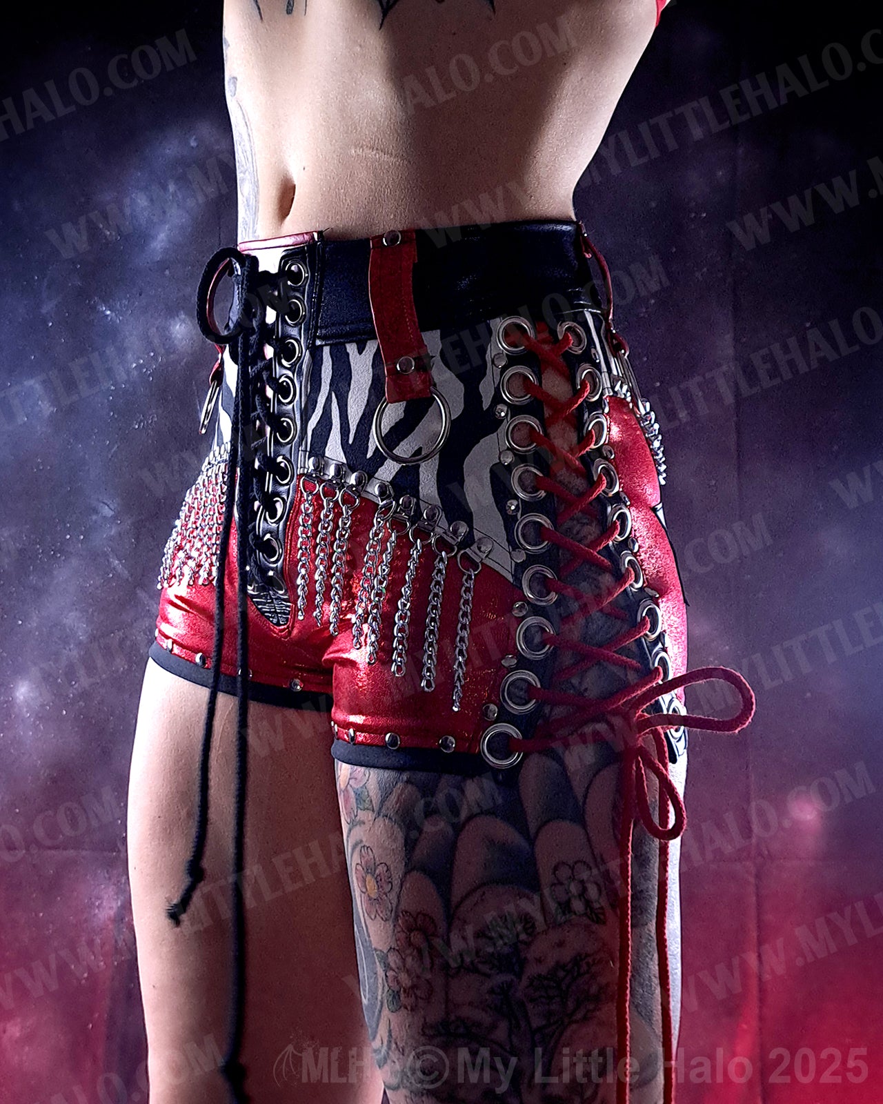 #22 Red, Black & Zebra Lace up Chain Fringe Shorts