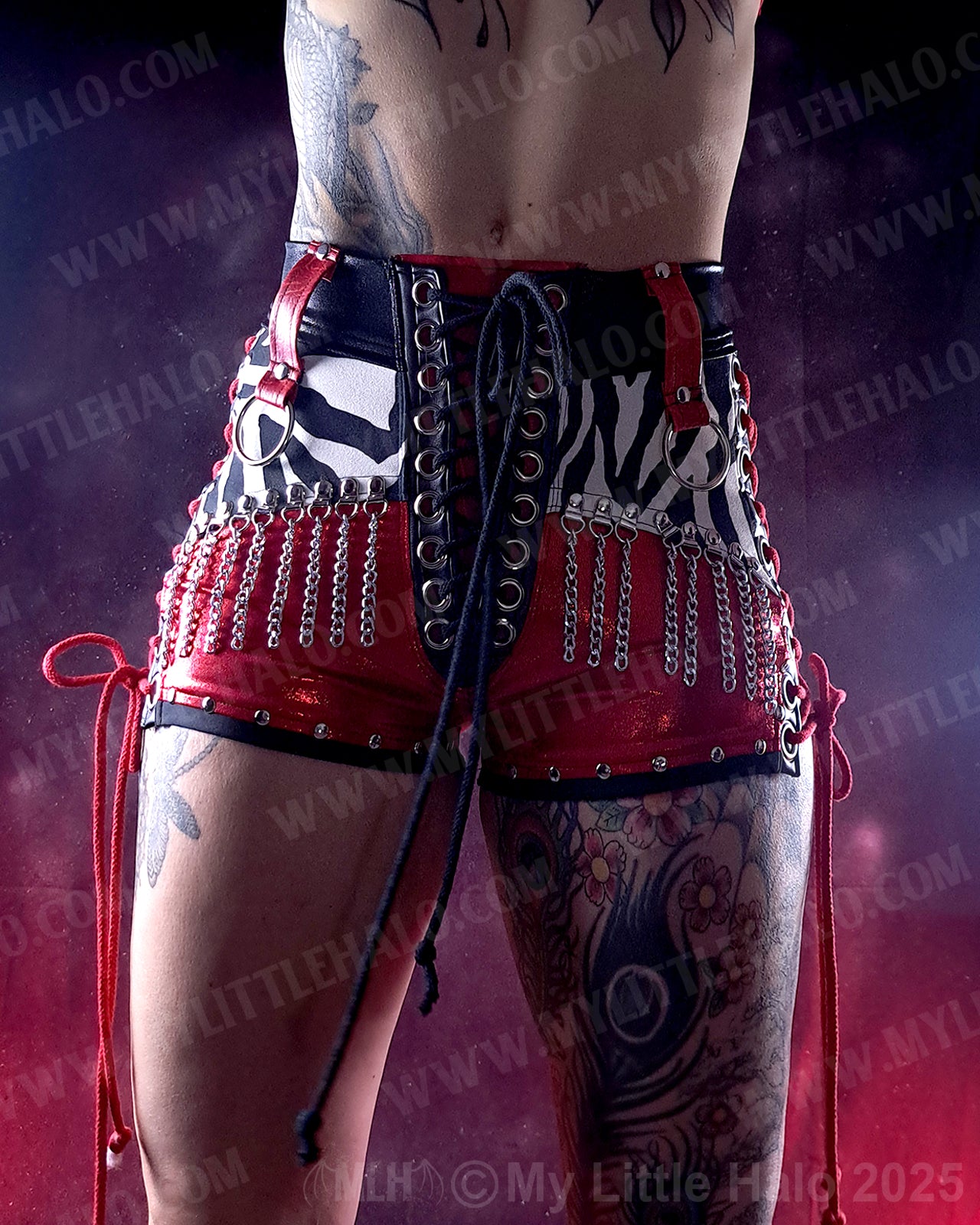 #22 Red, Black & Zebra Lace up Chain Fringe Shorts