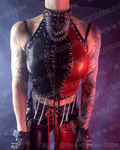 #24 Red & Black Chain Fringe Spiked Halter (02-24-11-1-24)