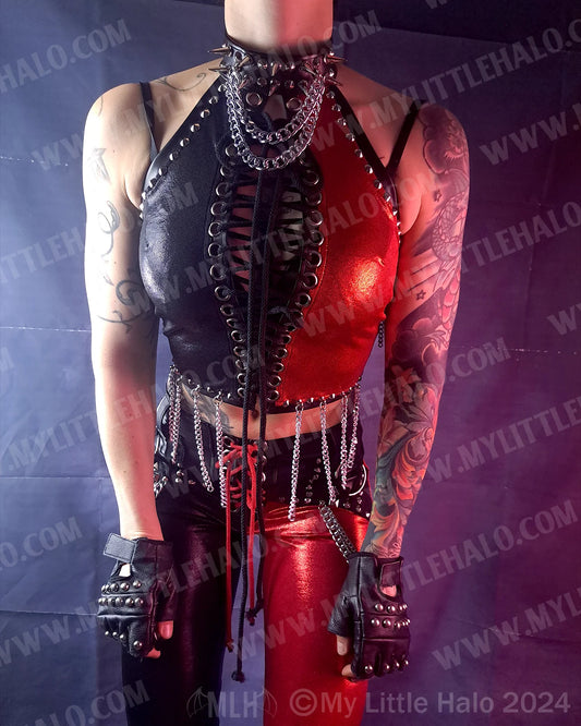 #24 Red & Black Chain Fringe Spiked Halter (02-24-11-1-24)