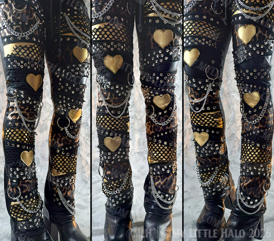 High Waisted Black & Leopard Print Gold Hearts Pants #2