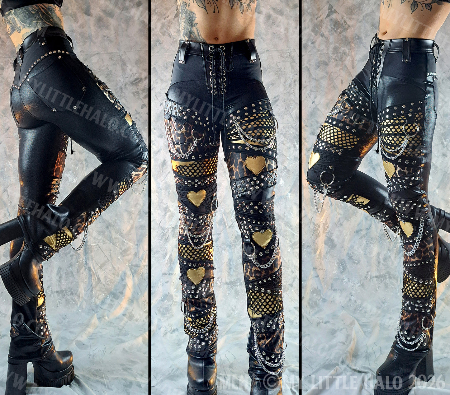 High Waisted Black & Leopard Print Gold Hearts Pants #2
