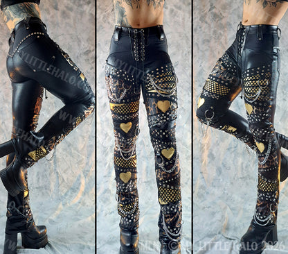High Waisted Black & Leopard Print Gold Hearts Pants #2