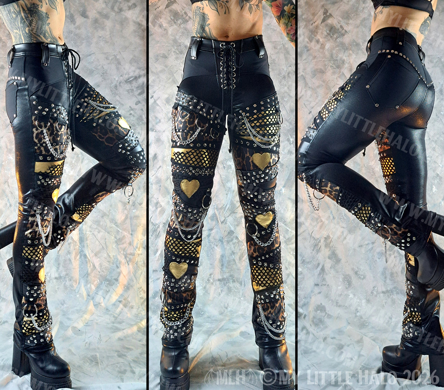 High Waisted Black & Leopard Print Gold Hearts Pants #2