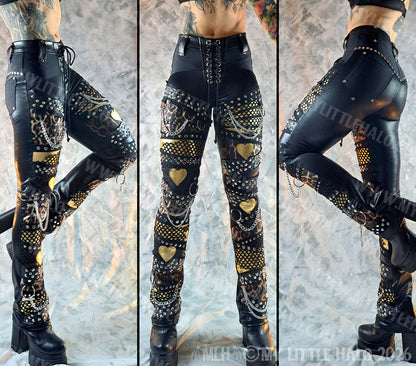 High Waisted Black & Leopard Print Gold Hearts Pants #2