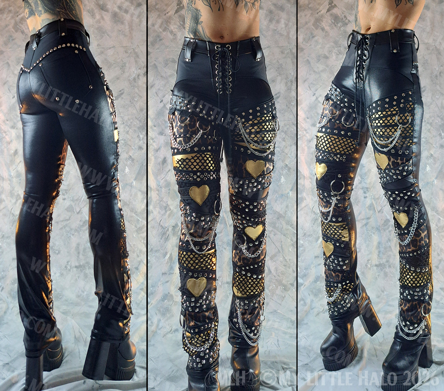 High Waisted Black & Leopard Print Gold Hearts Pants #2