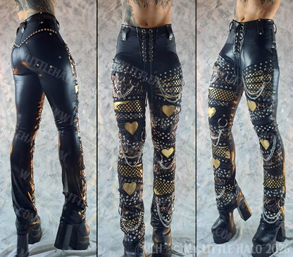 High Waisted Black & Leopard Print Gold Hearts Pants #2