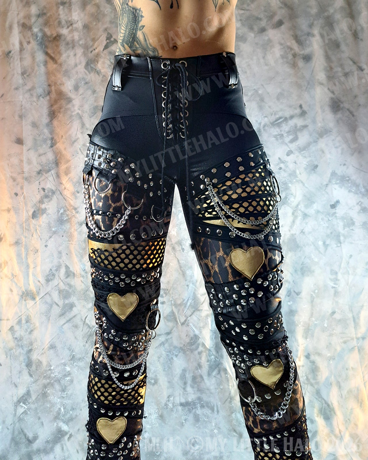 High Waisted Black & Leopard Print Gold Hearts Pants #2