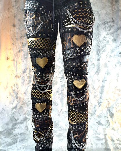 High Waisted Black & Leopard Print Gold Hearts Pants #2