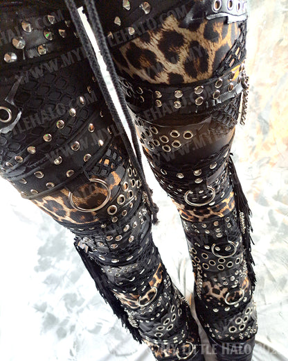 Mid Rise Leopard Print & Fishnet Heavy Metal Hardware Pants #3